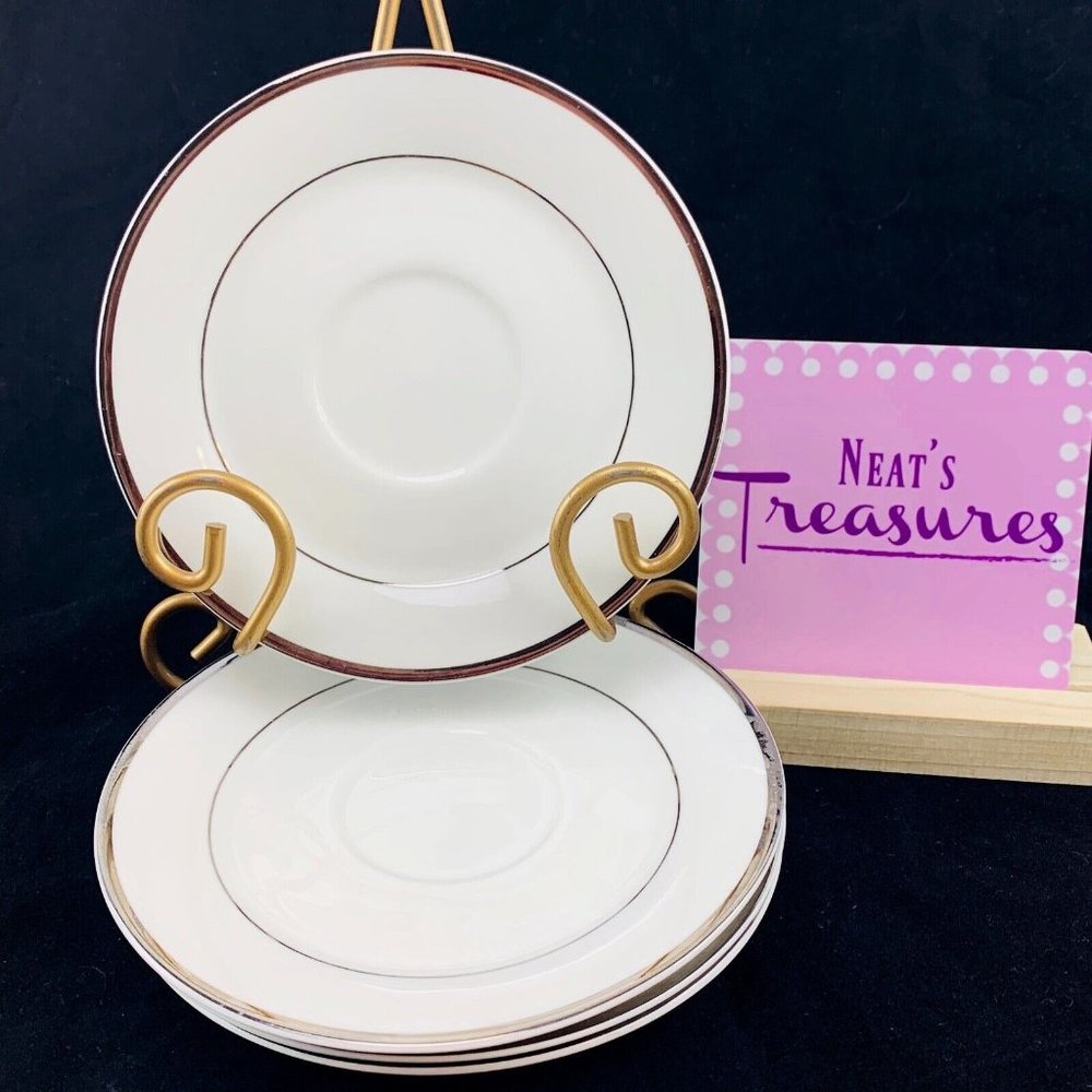 Lynn's CELEBRATION Fine China Thick Platinum Verge White Saucer Plates Set 4